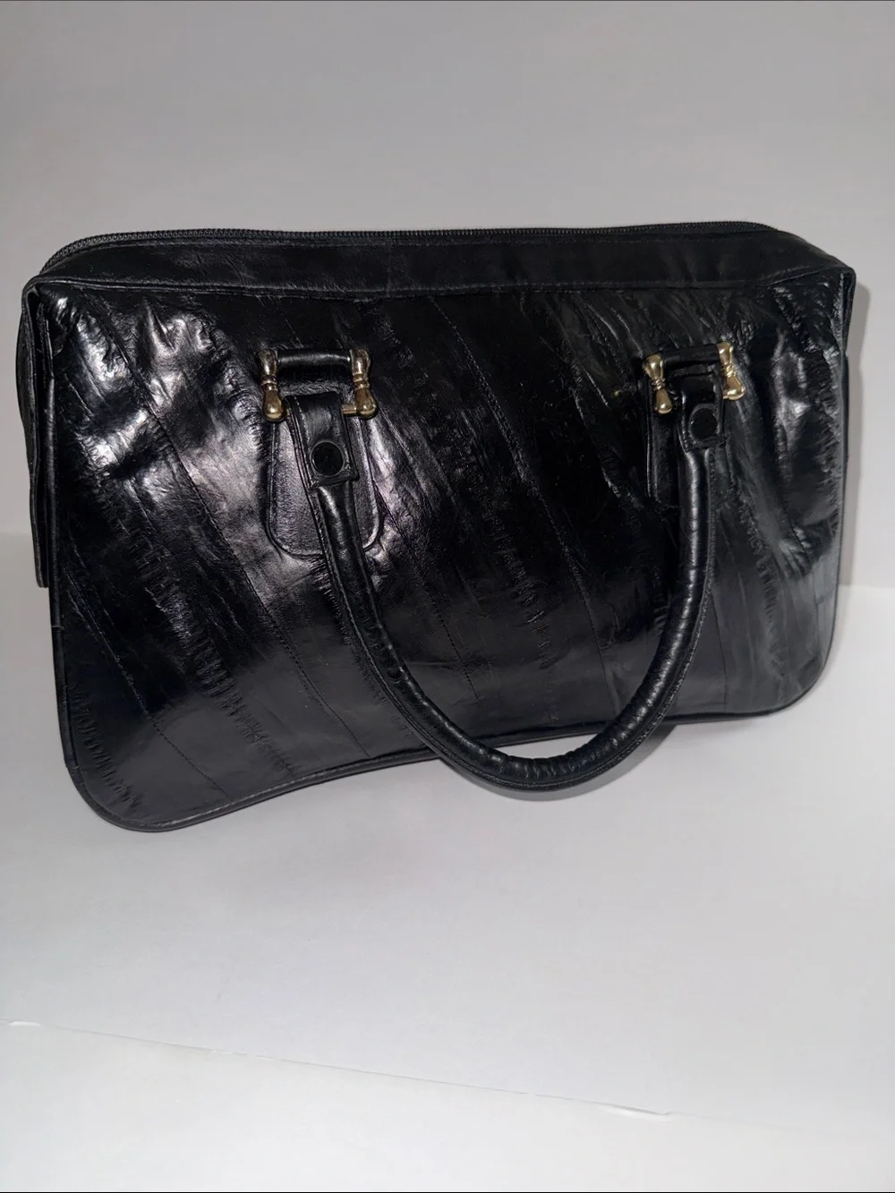 Vintage 80’s Black Eel Leather Accordion Satchel with Gold Hardware